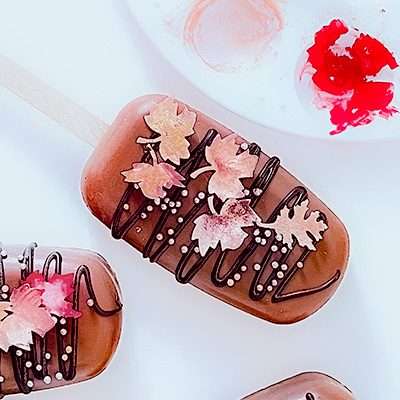 Decorated vegan cakesicle displayed with palette of red edible paint.