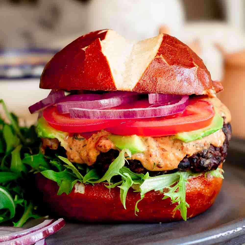 Close up of vegan black bean burger.